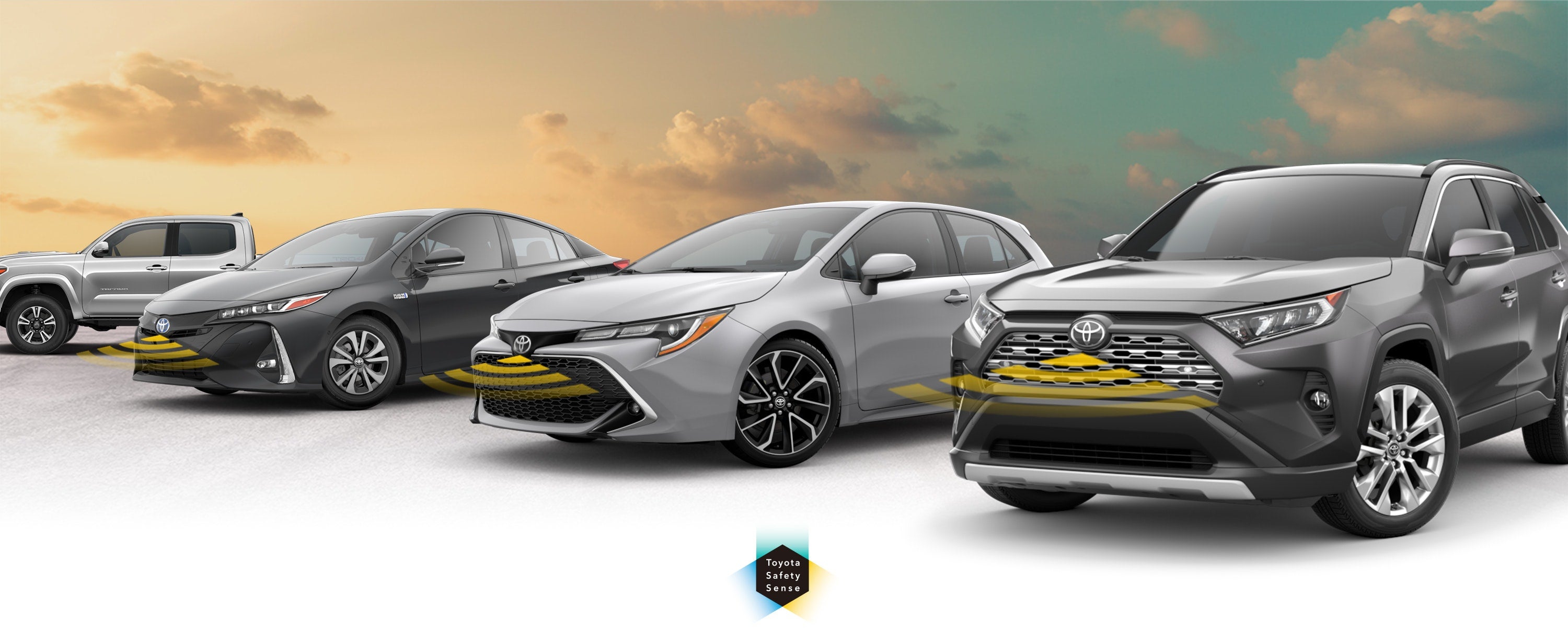 Toyota Safety Sense: Designed for Safety. Options shown on Toyota models including RAV4, Tacoma, and Camry, available now at Karl Malone Toyota of El Dorado in El Dorado AR.